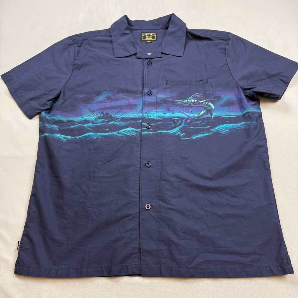 Dark Seas Division Mens Large Navy Blue Marlin Fishing Graphic Button Down Shirt